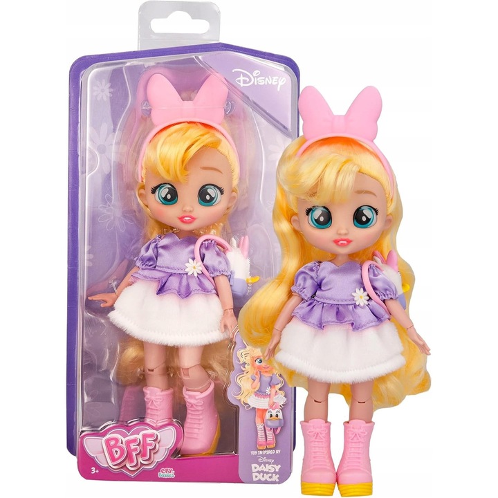 Papusa BFF Disney Daisy, 20cm, cu 4 accesorii, mov, pentru copii 3+, Cry Babies