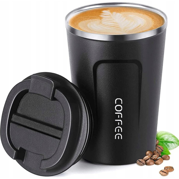 Termos negru 380ml, ecologic, pentru cafea la to go, dimensiuni 18x9cm