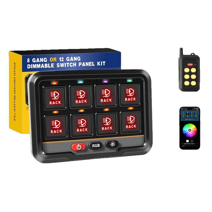 8 Gang vezeték nélküli APP kapcsolópanel, testreszabható kialakítás, kompatibilis 12-24V rendszerekkel, kompakt méretek