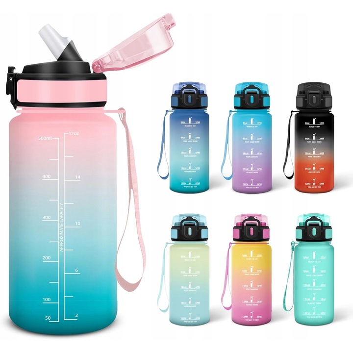 Butelca apa 500 ml, pastel verde, cu marcaje temporale, sistem cu pai