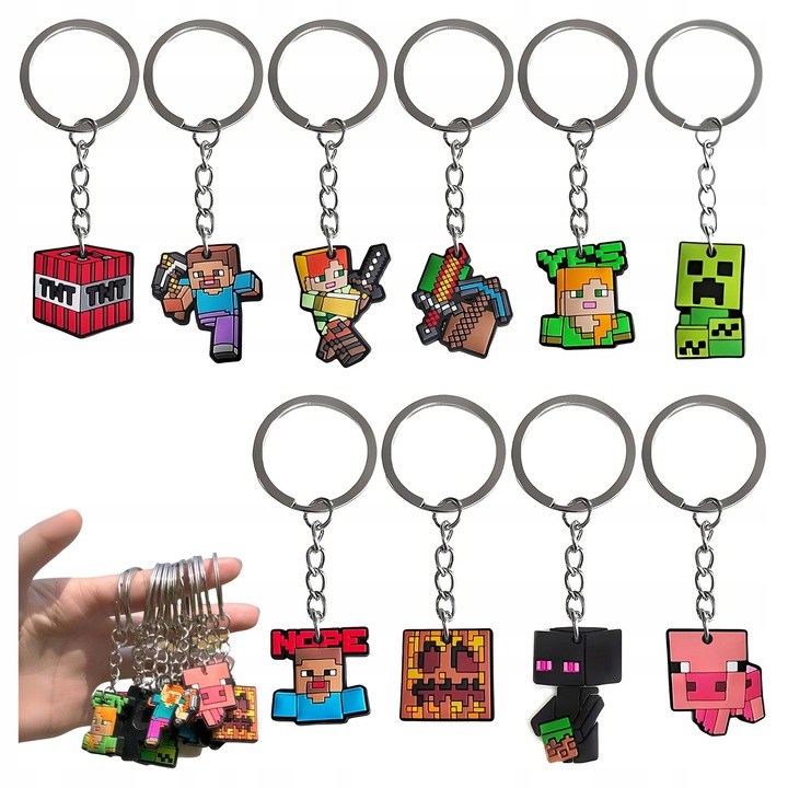 Set 10 brelocuri Minecraft, pixel art, multicolor, pentru copii
