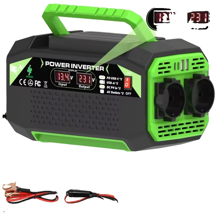 Autós inverter 500W 12V USB Type-C intelligens LCD kijelző