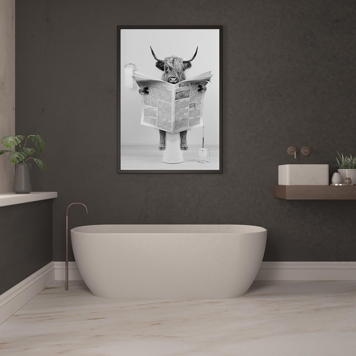 Tablou poster Jnaozi, model vaca cu ziar, 60 x 90 cm, panza, culoare Alb/Negru