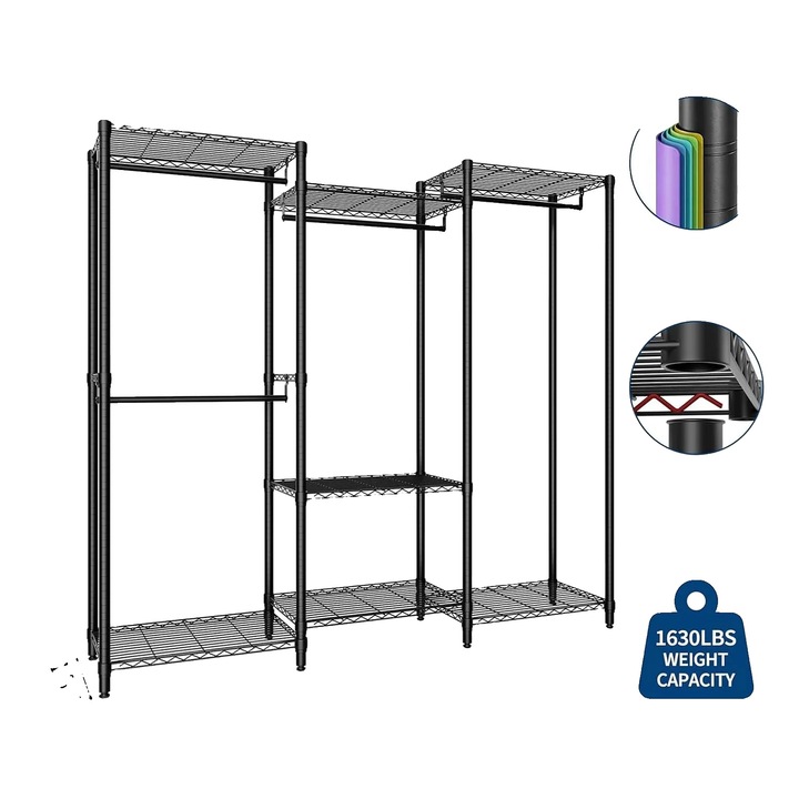 Suport pentru haine, rafturi reglabile, constructie rezistenta, negru