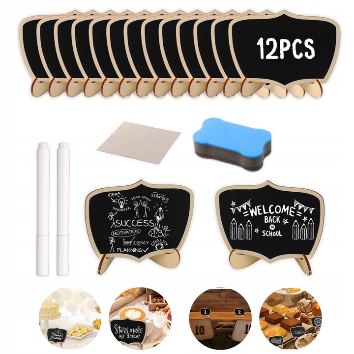 Set 12 etichete negre din lemn cu suport, marker si servetela, pentru decorare si semnalizare