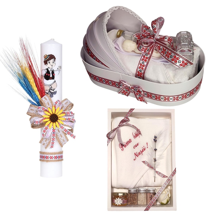 Set trusou botez complet in landou decorat traditional, set prima baita dupa botez cu mirodenii pentru baietel, lumanare cu motive romanesti, rosu traditional, Denikos NK157