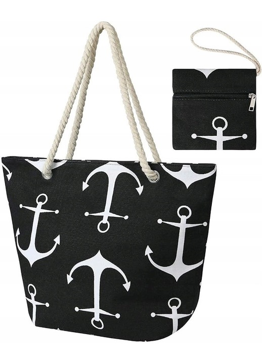 Geanta plaja mare, fara marca, cu model ancora, dimensiuni 51x33x39cm, rezistenta la nisip, cu fermoar