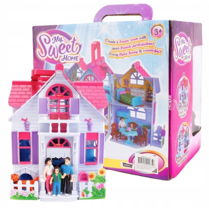 Casa pentru papusi, 6 camere, prietenos, portabil, set cu mobilier si figurine, 16x18x28,5cm