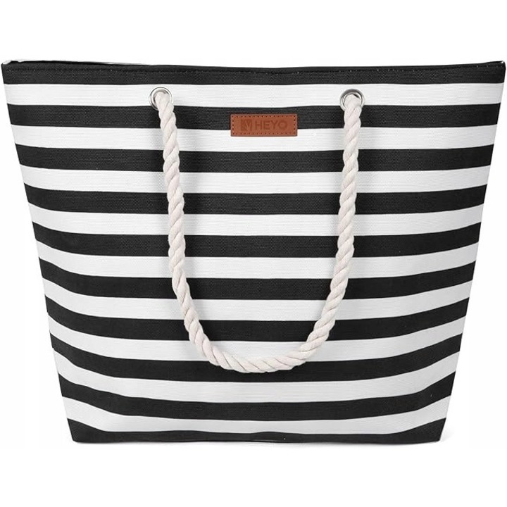 Geanta plaja mare, model cu dungi, XL, rezistenta la nisip, dimensiuni 50x38x15-35cm
