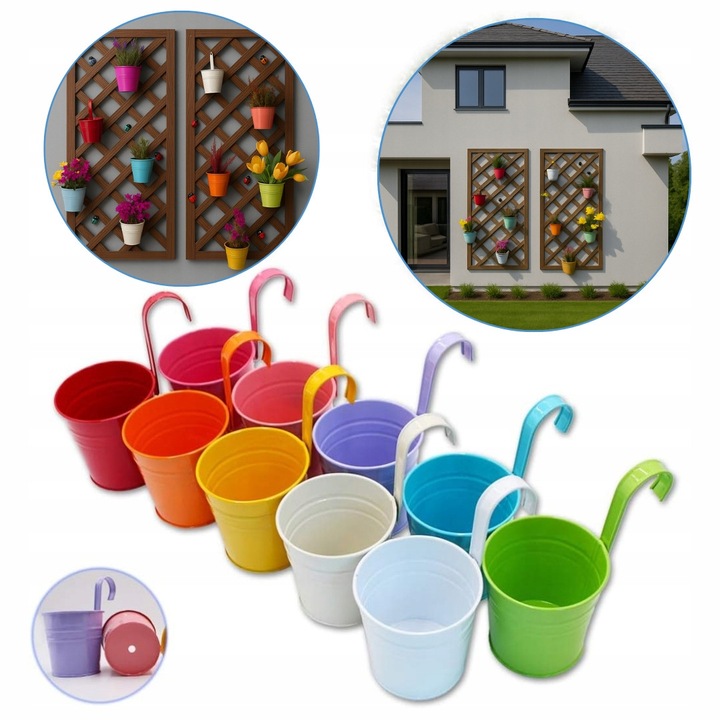 Set 10 ghivece suspendate metalice colorate, 10x10x8 cm