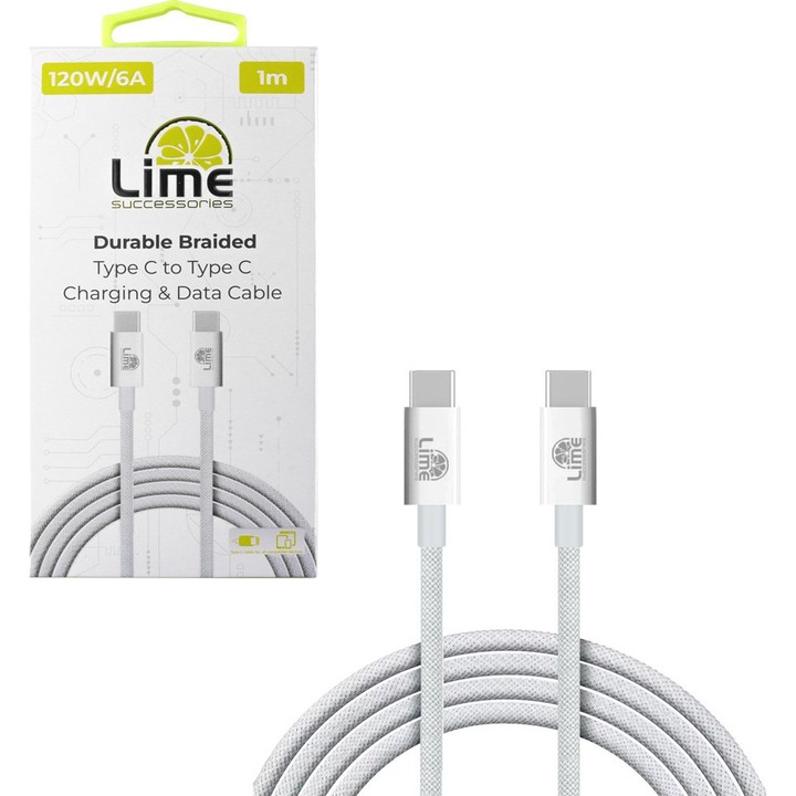 Cablu de date Lime USB-C la USB-C 1m, 120W, alb