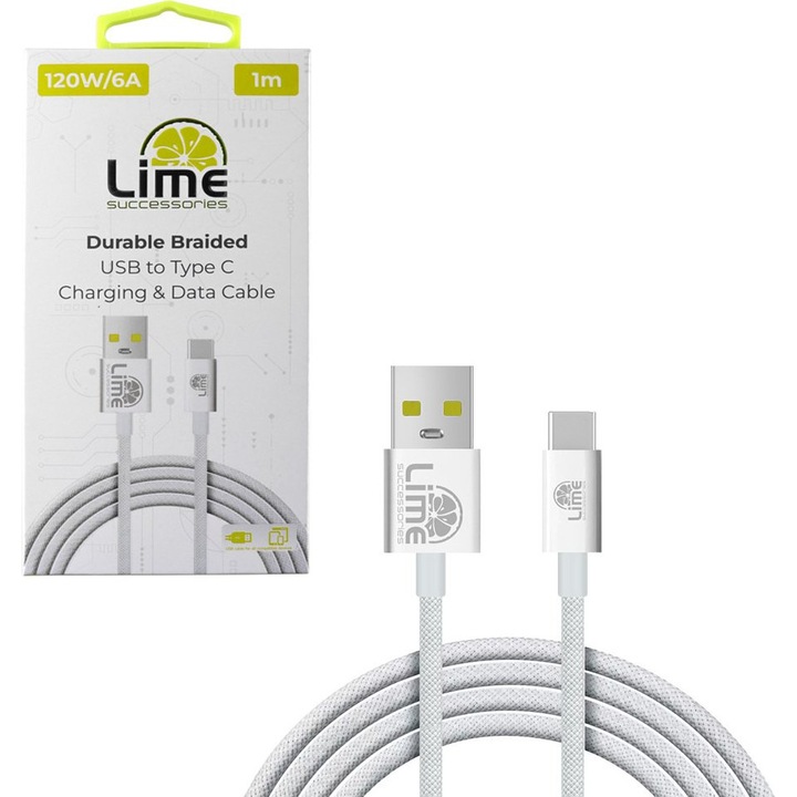 Cablu de date Lime, USB-C la USB-A, 1m, 120W, alb