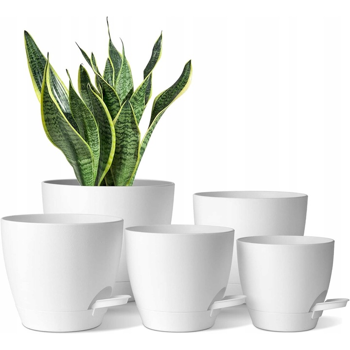 Set 5 ghivece autoirigante, 12,7x14cm, 15,24x14cm, 16,51x15,24cm, 17,78x15,9cm, alb