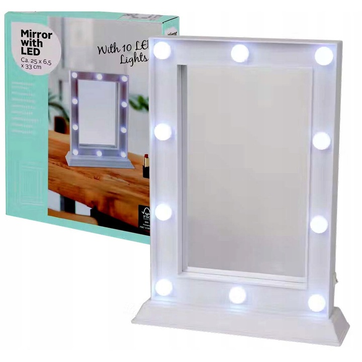 Oglinda cosmetica cu LED, 10 dioduri, 25x33cm, negru, set complet