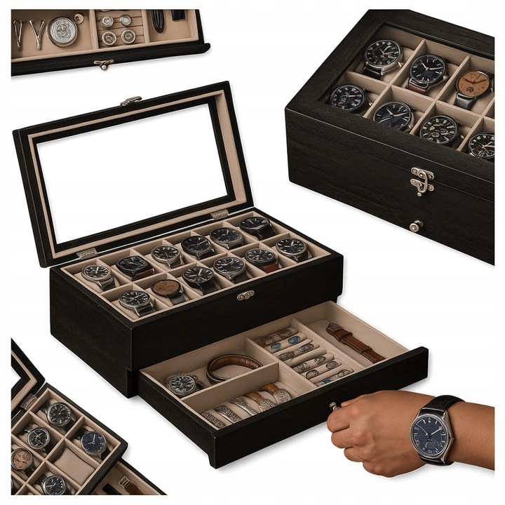 Fa óratartó doboz, 12 rekeszes, 2 szintes, üvegfedéllel, bársony béléssel