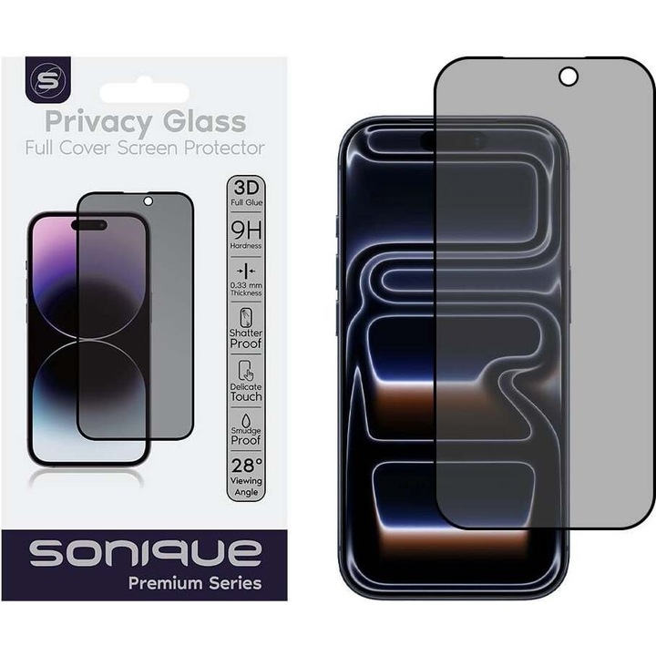 Folie de protectie Sonique Privacy Glass Full Cover 9H, pentru Apple iPhone 17 Pro Max, 0.33mm, neagra, set inclus.