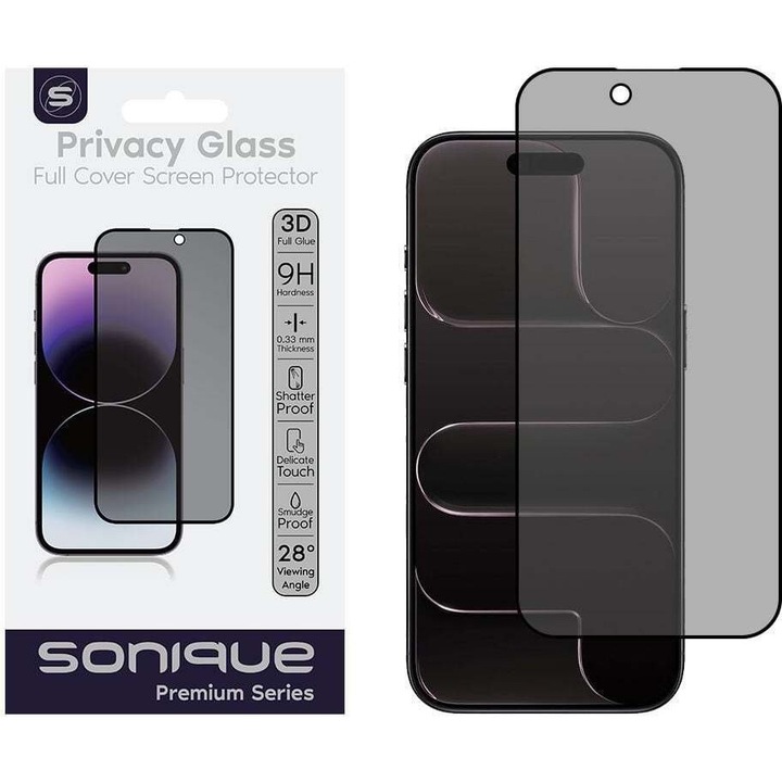 Folie protectie telefon Sonique Privacy Glass Full Cover 9H, 0.33mm, negru, set cu accesorii de curatare