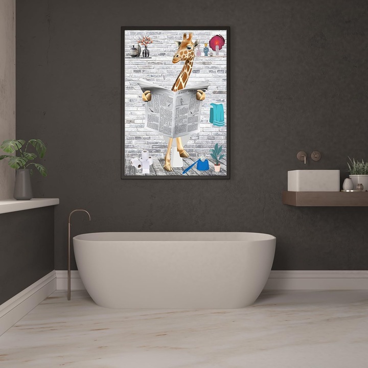 Tablou poster Jnaozi, model girafa cu ziar, 60 x 90 cm, panza, multicolor