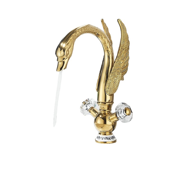 Sanitér csaptelep, modern design, két karos, arany, mosogatóra szerelhető