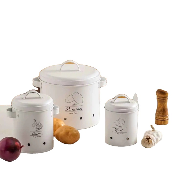 3 darabos fém élelmiszer tároló doboz készlet, ökológiai design, zöldségekhez, kerek forma