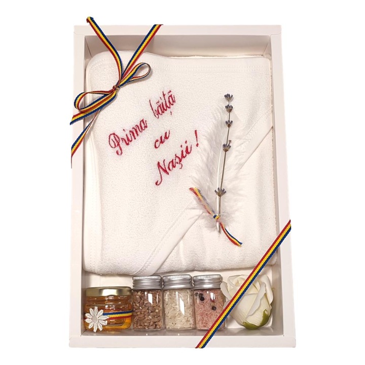 Set pentru prima baita dupa botez, tricolor traditional, prosop pufos personalizat prin brodare cu mesajul "Prima baita cu nasii", Denikos NK152