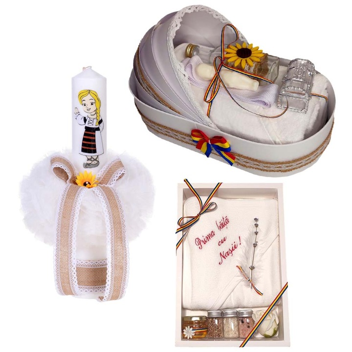 Set trusou botez complet in landou decorat traditional cu iuta, set prima baita dupa botez cu mirodenii pentru fetite, lumanare cu motive romanesti, Denikos NK159