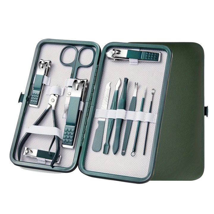 Set truse manichiura si pedichiura, 12 piese, unelte din otel inoxidabil, cutie de transport portabila