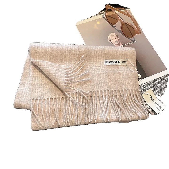 Esarfa din lana, design plaid, khaki, 180x30cm