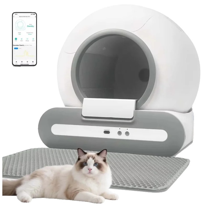 Litiere automata auto-curatare, controlata prin aplicatie, alb, pentru mai multe pisici