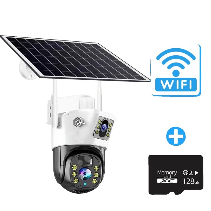 Camera de supraveghere exterioara, 8MP, solara, conectivitate Wi-Fi 360, capacitate baterie 8000 mAh, card 128G