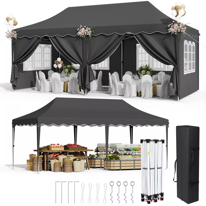Foisor pliabil, Gazebo pop-up, 3x6 m, 420D Oxford cu strat PU, Impermeabil, protectie UV 50+, Cadru din otel, 6 pereti laterali, Inaltime reglabila, Galben