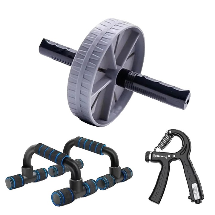 Set de antrenament, 3 bucati, roata abdominala manere si hand gripper, design antiderapant, constructie durabila, 15cm
