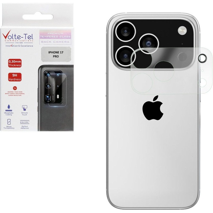 Folii protectie camera, Volte-Tel, Tempered Glass 9H 0.25mm, transparent, pentru iPhone 17 Pro, set complet