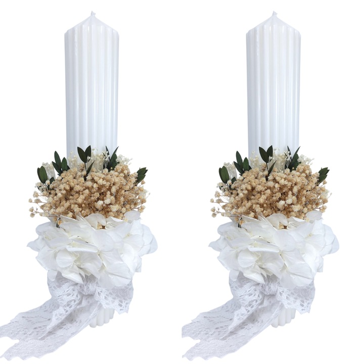 Set 2 lumanari nunta/cununie decorate cu gypsophiila si hortensie criogenata, 35 cm