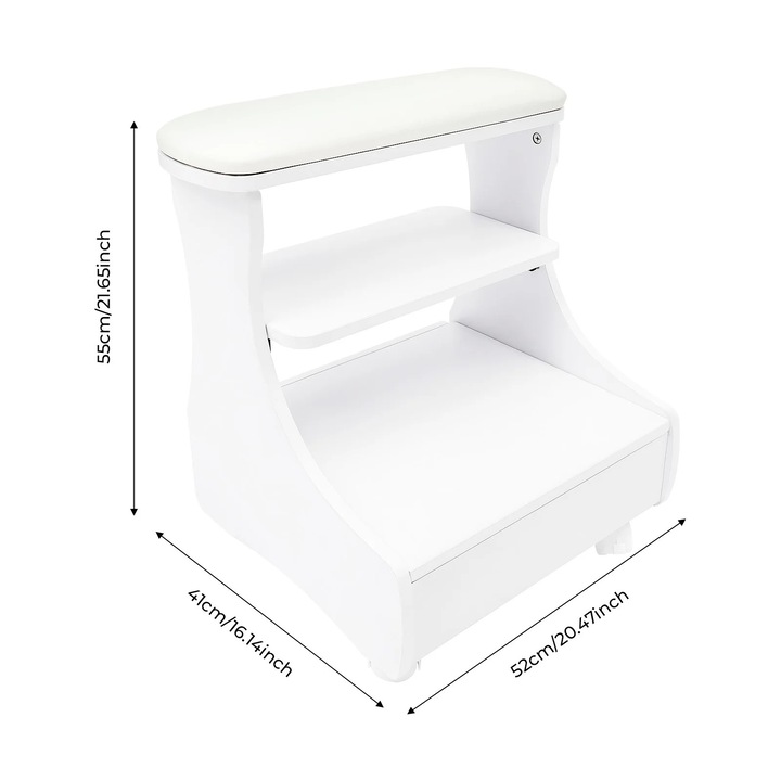 Scaun pentru baie, roti blocabile, raft detasabil, alb, 52x41x55cm