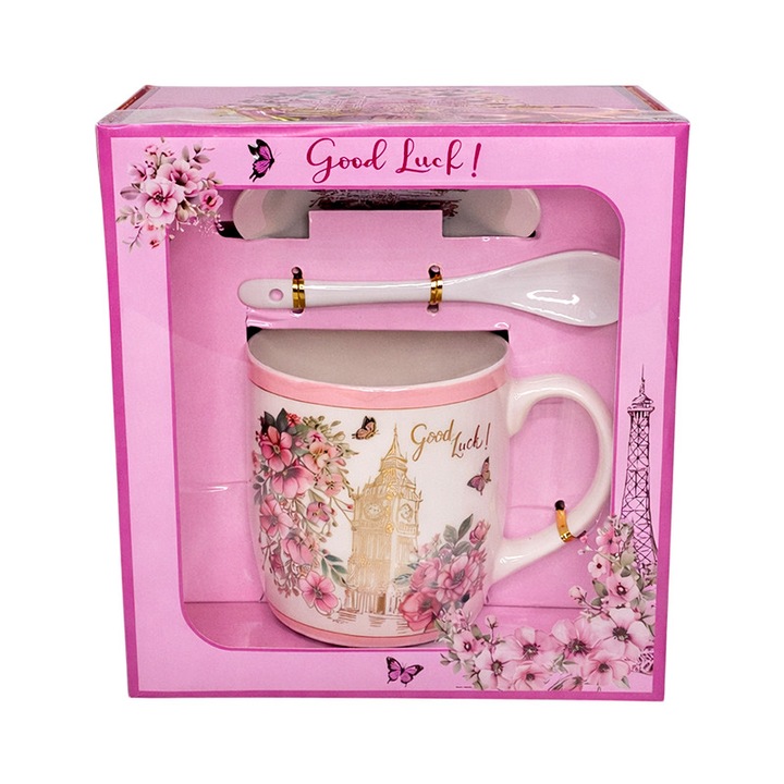 Set cana cadou „Good Luck” cu lingurita si farfurie, din ceramica, decor floral roz, in cutie cadou, Velve