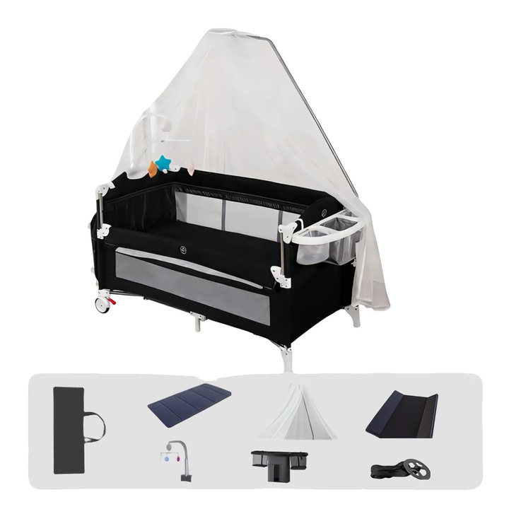 Patut bebe pliabil cu masa de schimbat, 6602, negru, cu plasa anti-insecte, dimensiuni compacte