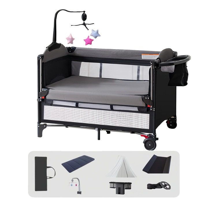 Patut bebe multifunctional, gri, design cu doua niveluri, ajustabil, portabil