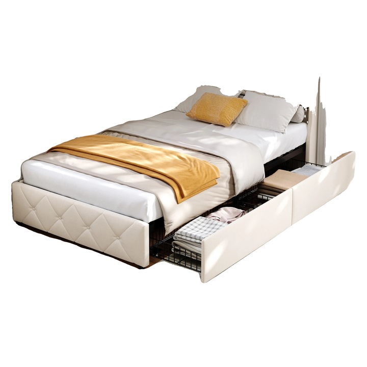 Pat cu sertar din catifea, 90x200cm, design elegant, spatiu de depozitare suplimentar