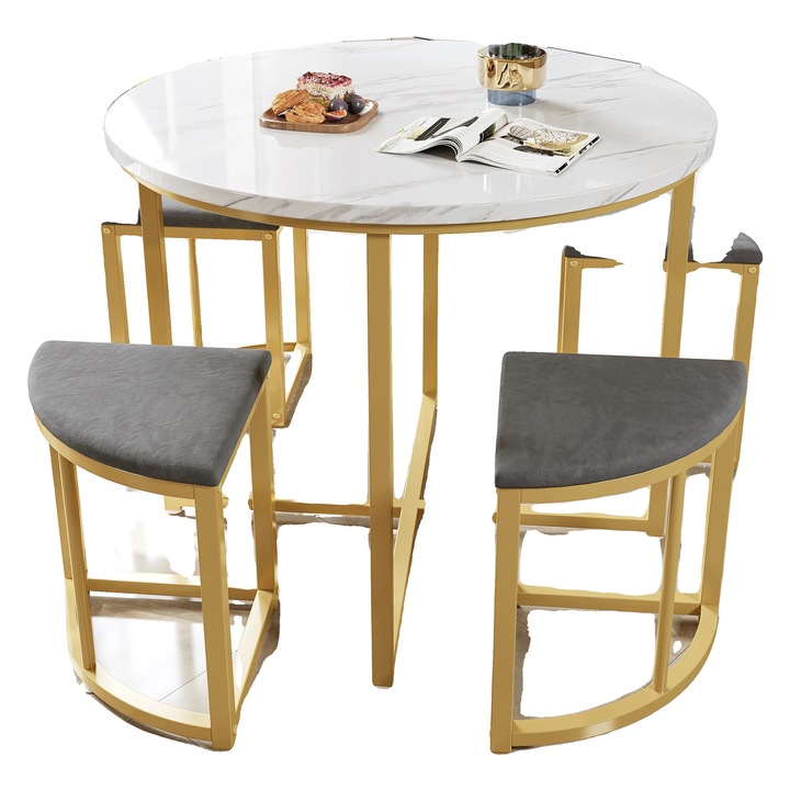 Set masa rotunda cu 4 scaune tapitate din catifea, MDF alb-gri, 80cm diametru