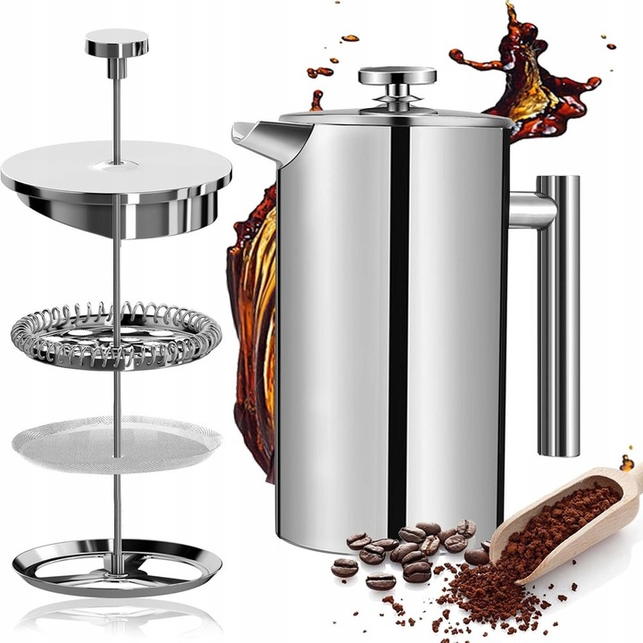 Кафеварка френска преса от неръждаема стомана, 800 мл, комплект с филтър, сребриста