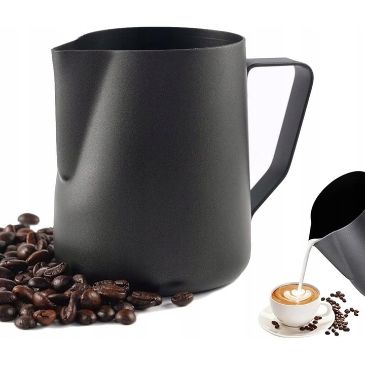 Cana de spumare lapte 350 ml, neagra, inox, design profesional, usor de curatat