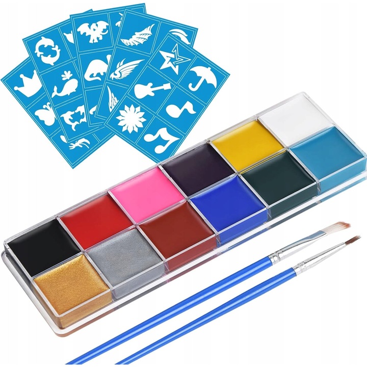 Arc- és Testfesték Szett, 12 Szín, 2 Ecset, 30 Sablon, Hipoallergén