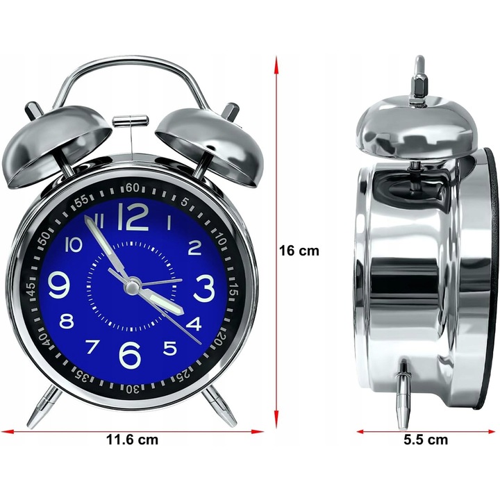 Retro ébresztőóra, kék és ezüst, 4,72x6,29 hüvelyk