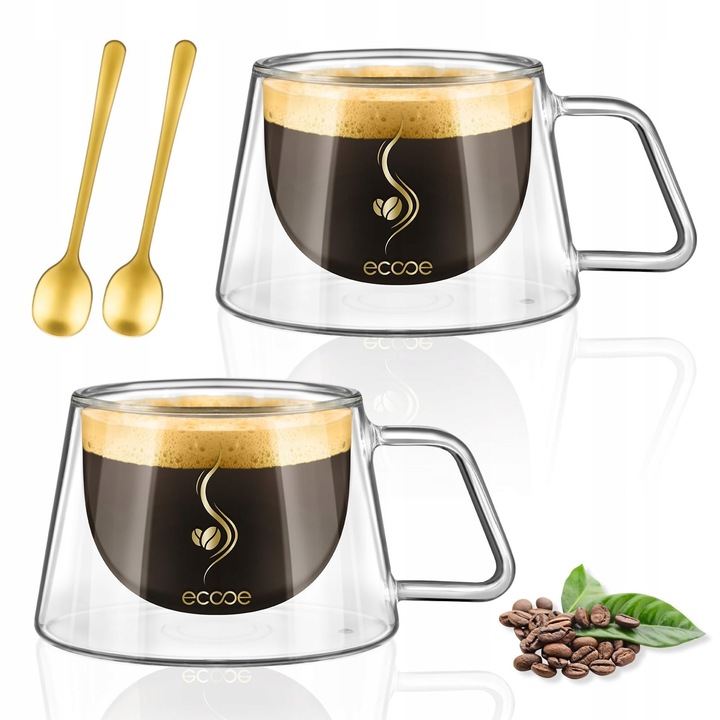 Set 2 cani Ecooe din sticla cu perete dublu, 120 ml, transparent