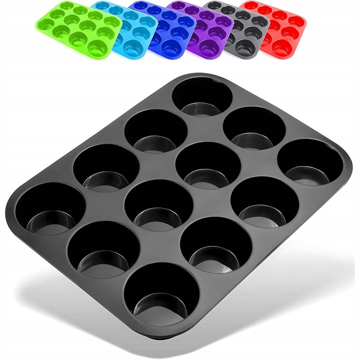 Forma siliconica pentru 12 muffins, neagra, reutilizabila, 33x25x3cm