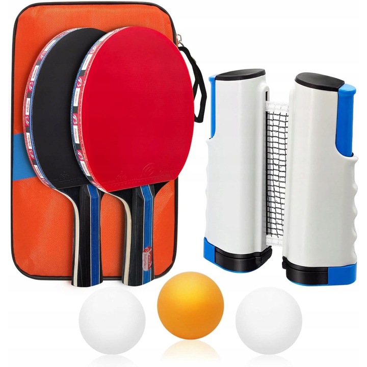 Set palete tenis de masa, 2 palete, 3 mingi, plasa retractabila, 180g, multicolor