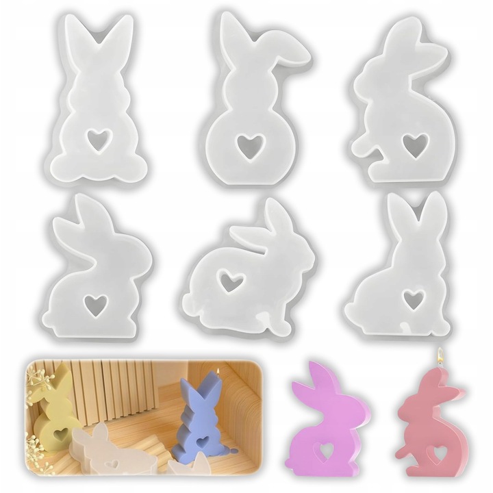 Set 6 forme siliconice pentru decoratiuni de Paste, modele iepurasi, elastic, reutilizabil