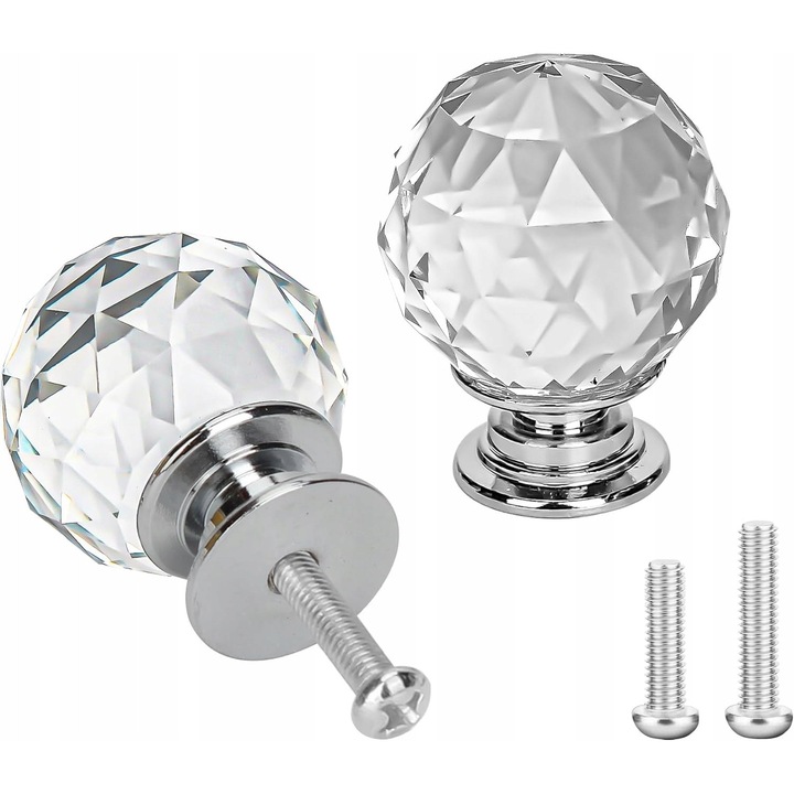 Maner pentru mobila, sfera din cristal, 30 mm, argintie, set cu suruburi