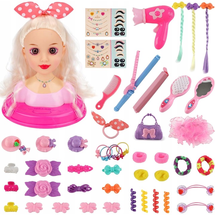 Set cap de papusa pentru stilizare, 18 elemente, accesorii de machiaj